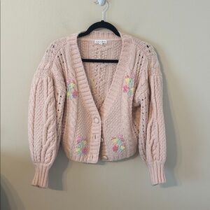 For Love & Lemons Amaryllis Cable Knit Embroidered Floral Cardigan